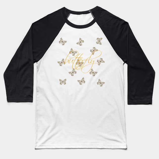 Gold & Cream Butterflies Pattern Baseball T-Shirt by technotext